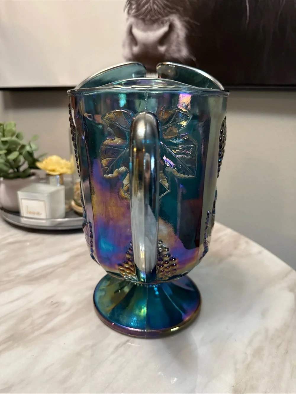 Vintage blue depression glass pitcher embossed grapes pattern